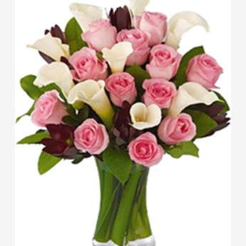 Glass Vase Of Lilies & Roses