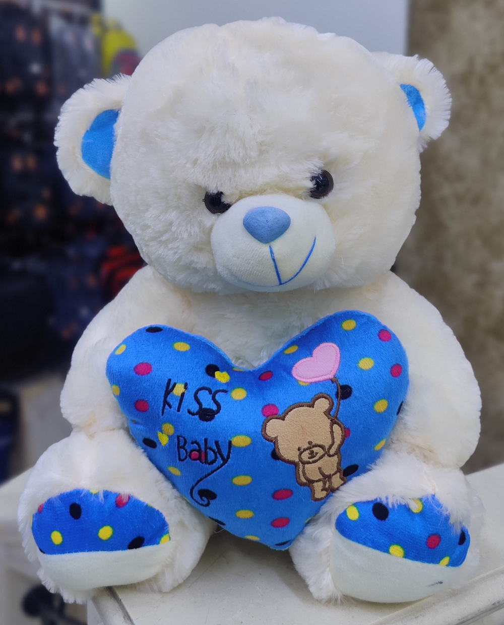 White Teddy With Blue Heart (40cm)