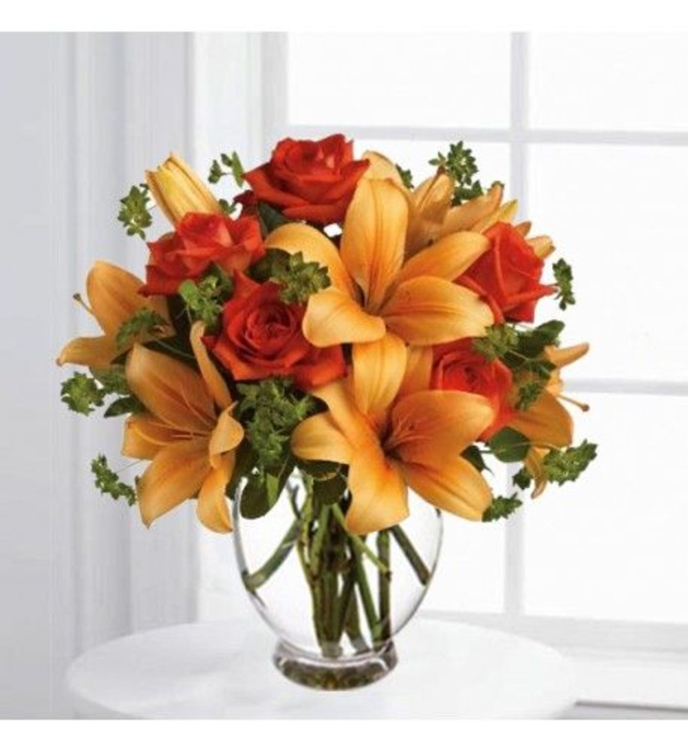 Orange Rose and Lilies Flower Vase