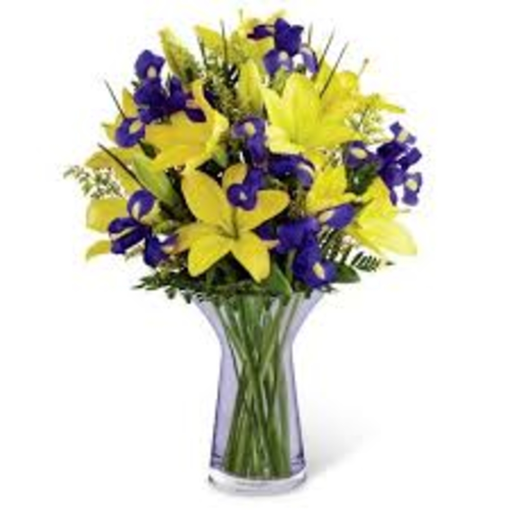 Mixed yellow Blue Lily & Eustoma Hand Bouquet