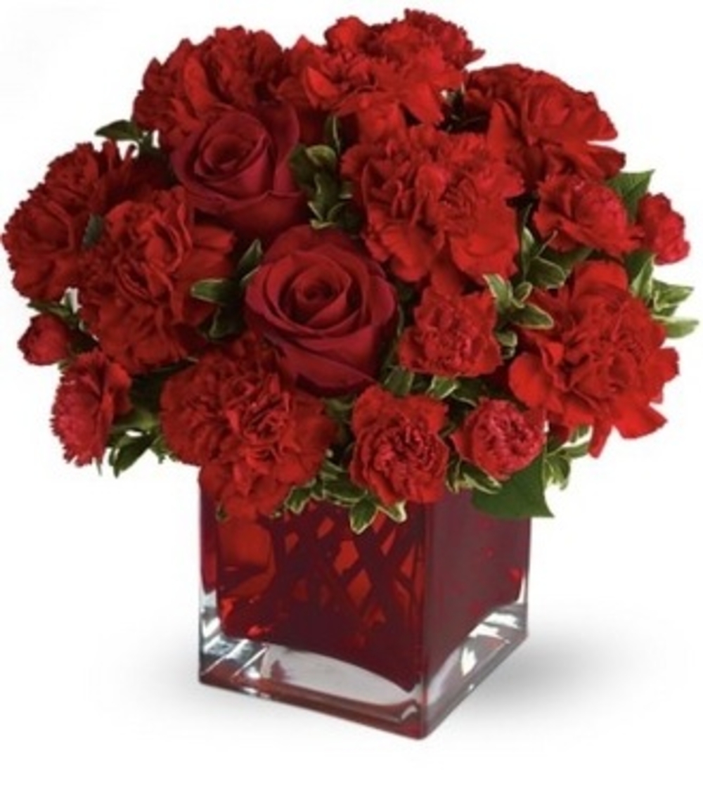 Rich Red Carnations & Rose Flower Vase