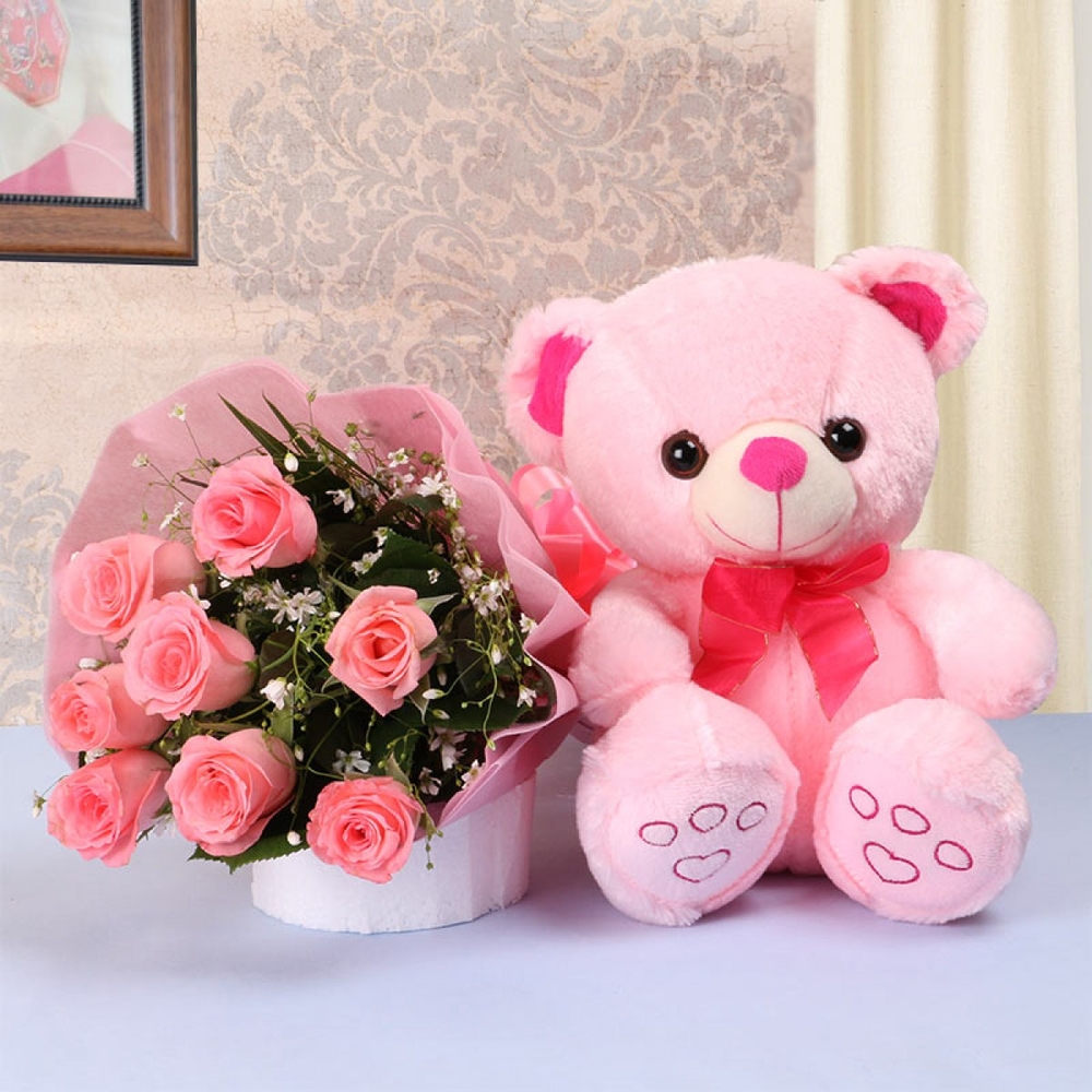 Pink Roses & Teddy Combo