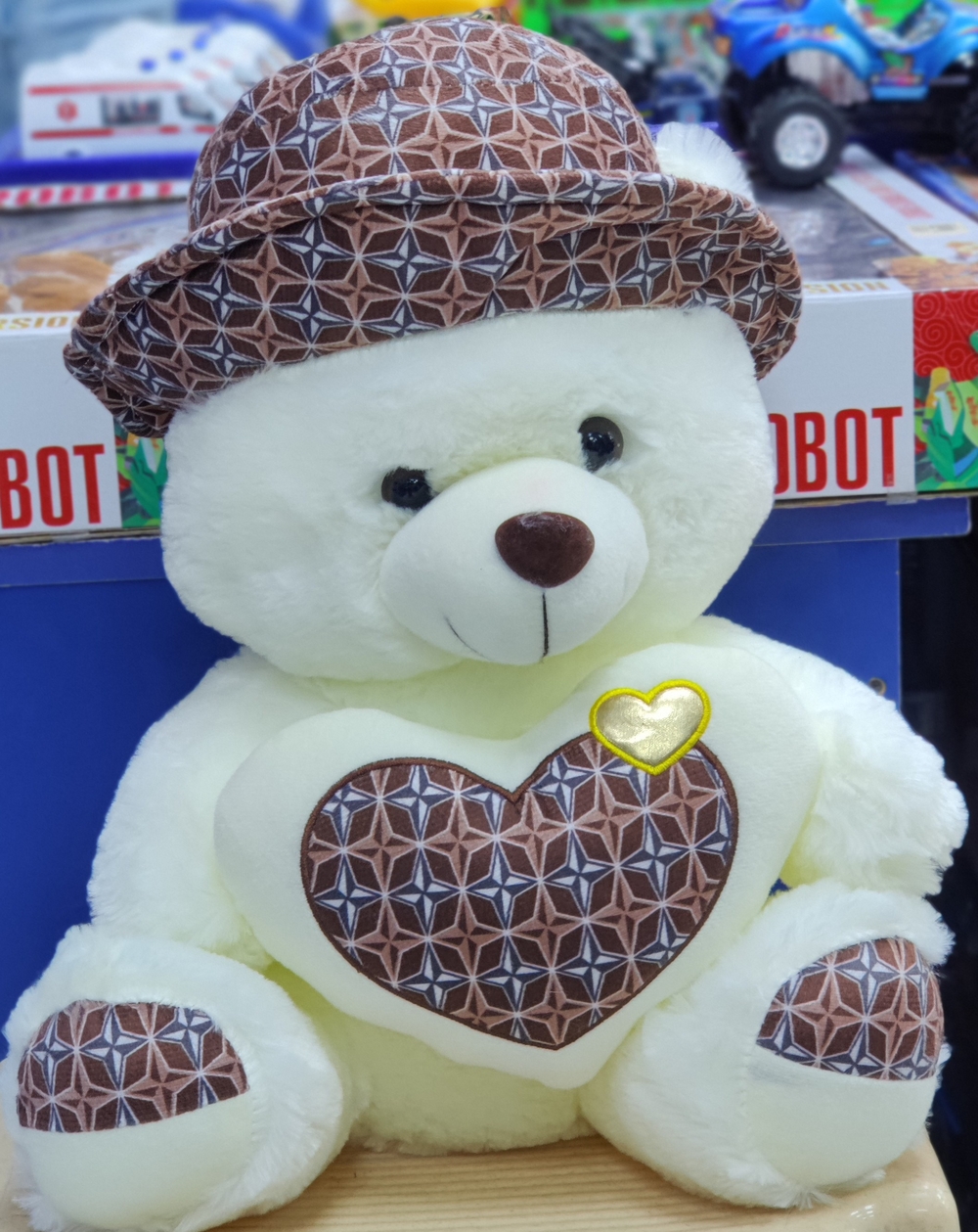 White Teddy With Designed Cap & Heart (40cm)