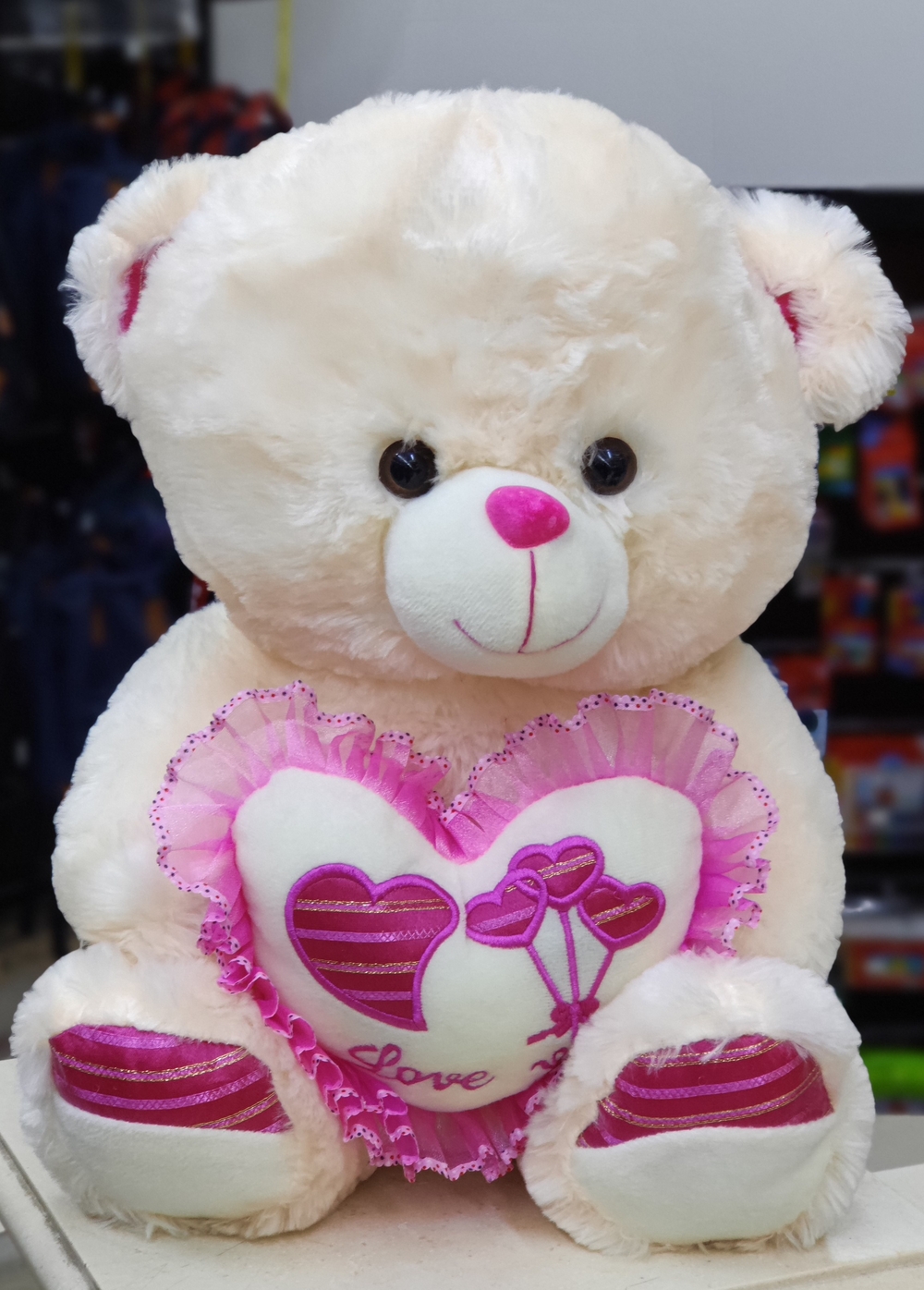White Teddy With Pink Heart (40cms)